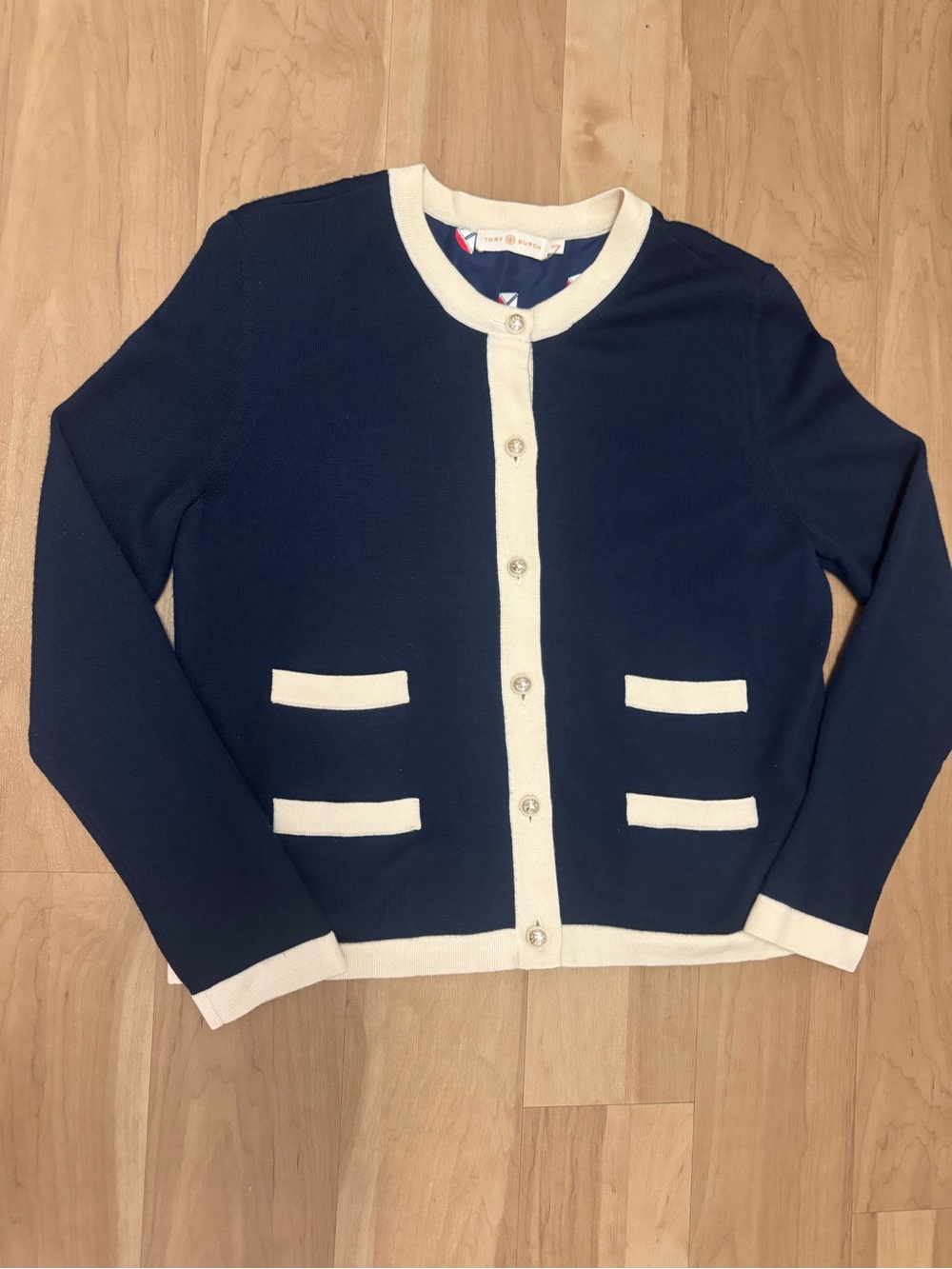 Tory Burch Kendra Merino Wool Crew Neck Cardigan - Navy